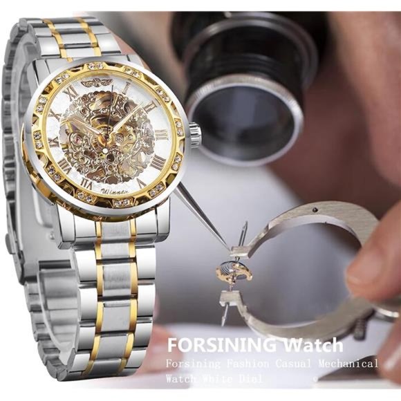 Retro Manual Mechanical Skeleton Watch with Diamond& Carving Flower, SilverWhite - Picture 2 of 6